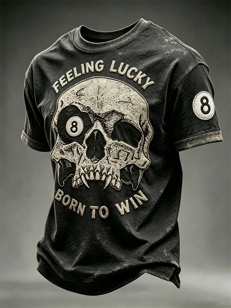 Men's Vintage Feeling Lucky Born to Win 8 Ball Skull Print short sleeves t-shirt
