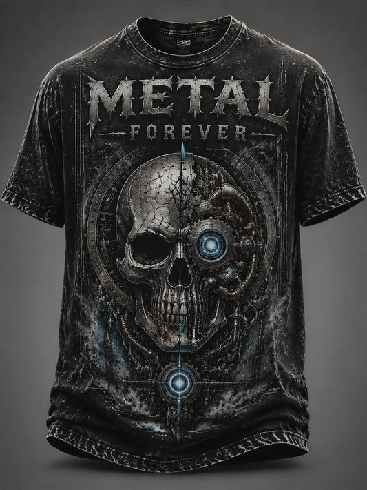 Vintage Washed Heavy Metal Rock Cyber Mechanical Skeleton T-Shirt