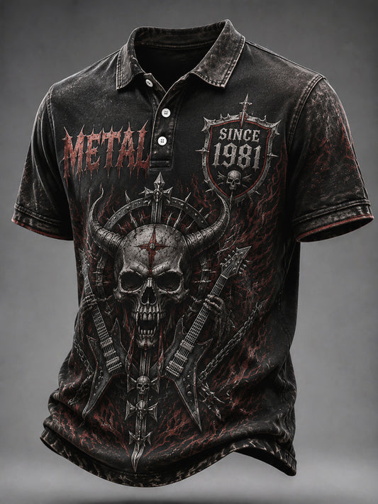 Vintage Washed Heavy Metal Rock Skull Casual Polo Shirt
