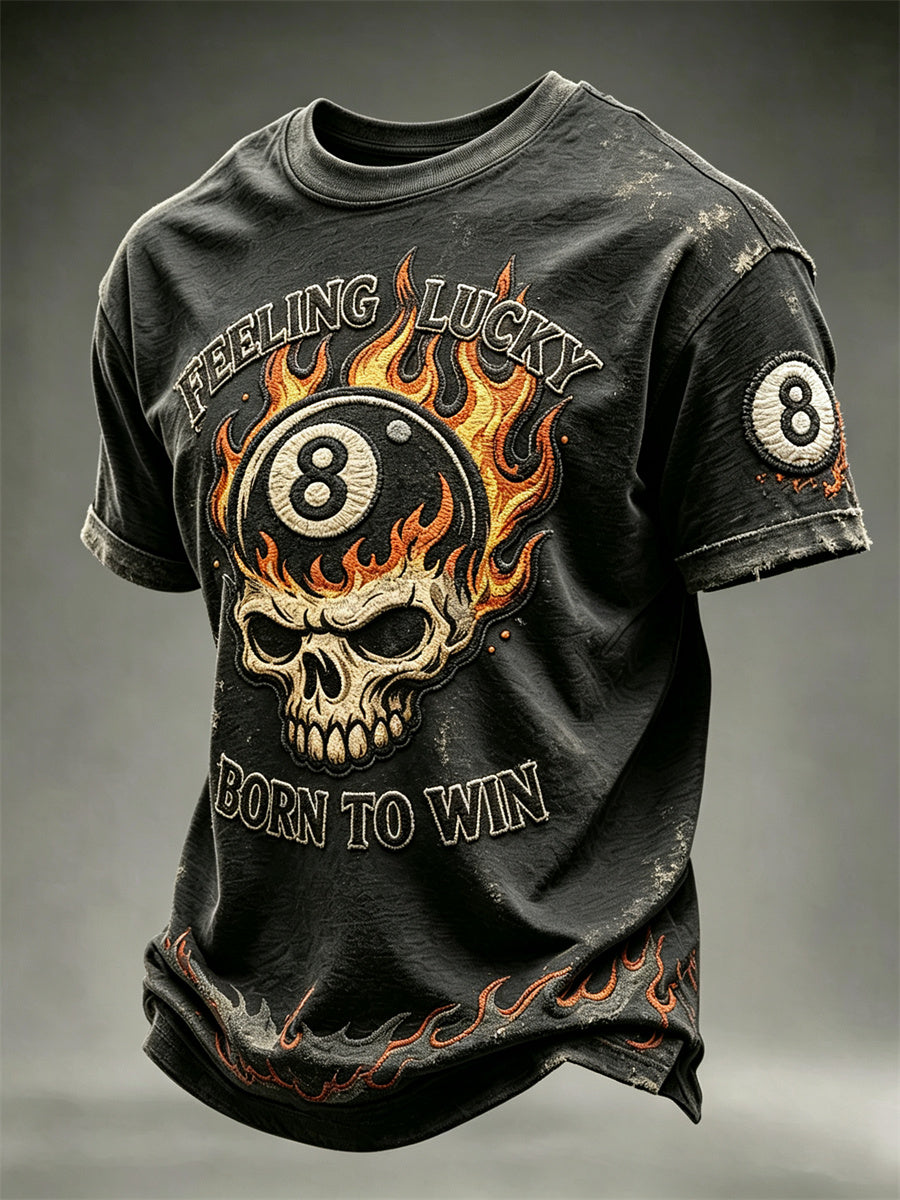 Men's Feeling Lucky Born to Win 8 Ball Skull on Flame Print short sleeves t-shirt