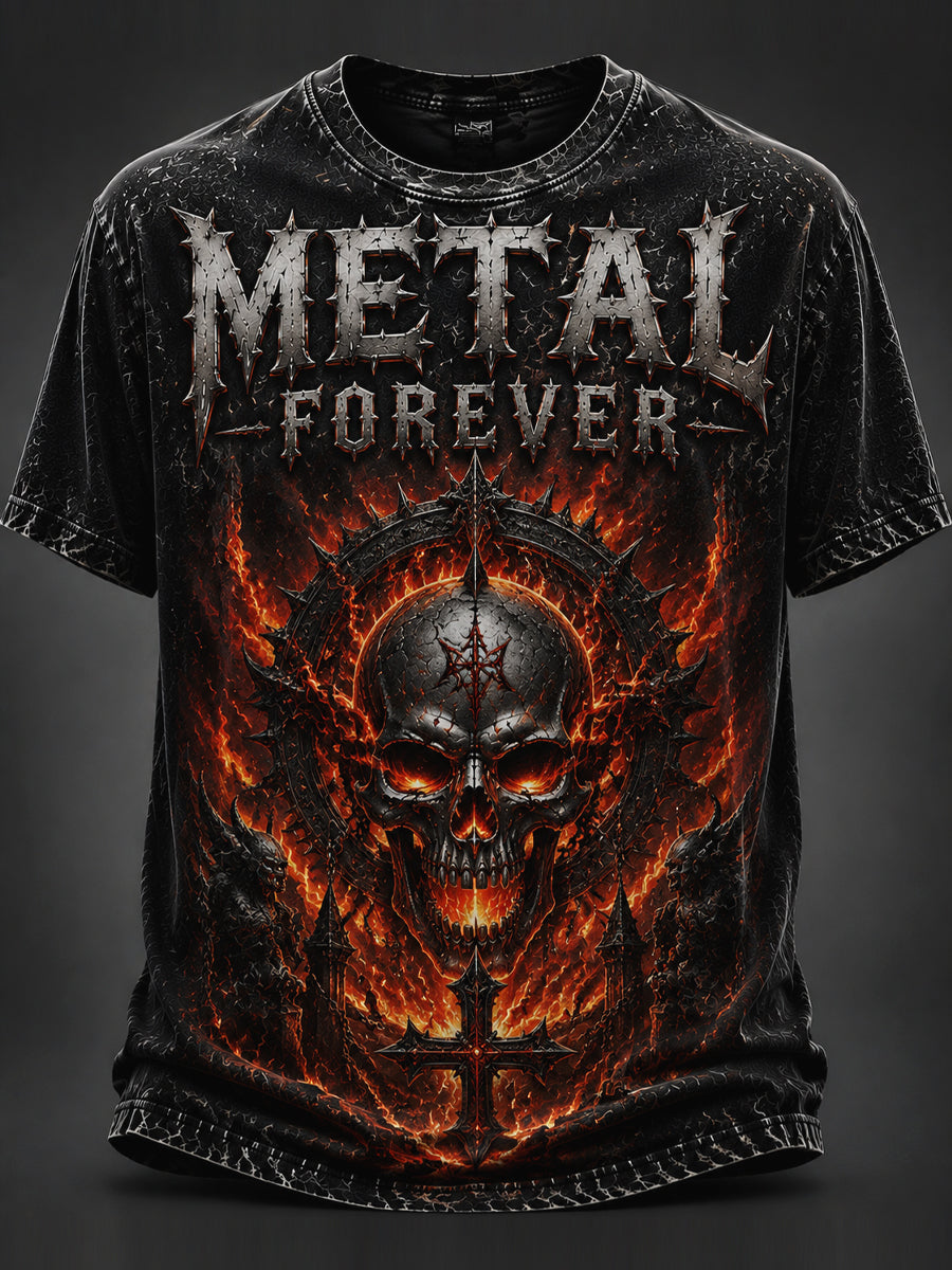 Vintage Washed Heavy Metal Rock Skull and Flames T-Shirt