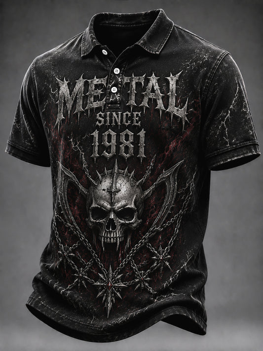 Vintage Washed Heavy Metal Rock Skull Classic Polo Shirt
