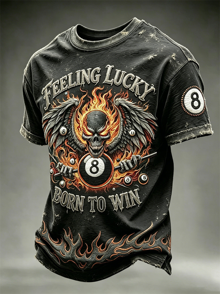Men's Feeling Lucky Born to Win 8 Ball Skull & Flame Print short sleeves t-shirt