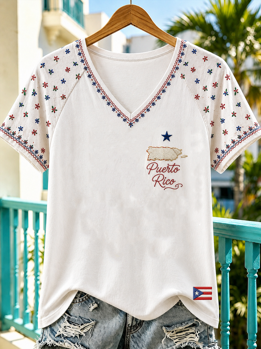 Women's Puerto Rico Printed V-neck off-shoulder short-sleeved T-shirt