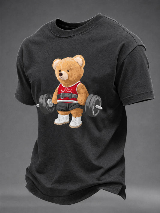 Men's Exercise Bear Washed Gym  Casual TShort Sleeve T-shirt