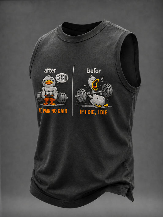 Men's Funny Gym Duck No Pain Gain Workout If Die Casual Tank Top