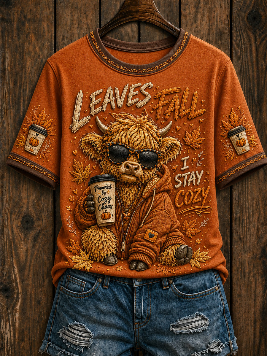 Women's Retro Autumn Cow Highland Cow Leaves Fall I dont  Short Sleeve T-shirt