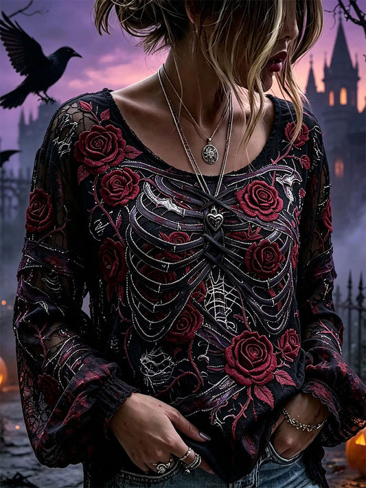 Women's Gothic Skull Rose Floral Cotton Linen Shirt