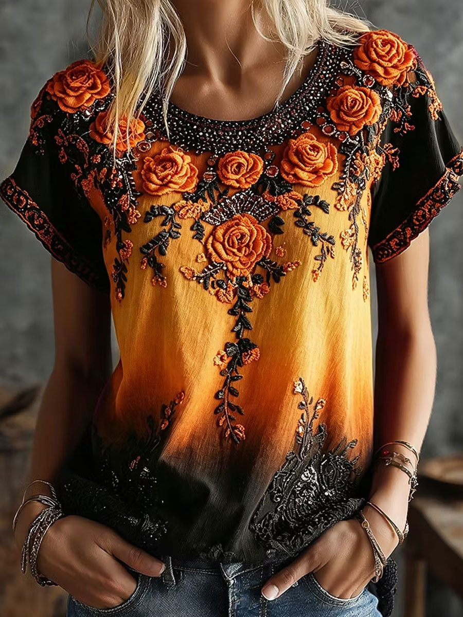 Women's Gothic  Rose Floral Cotton Linen Shirt