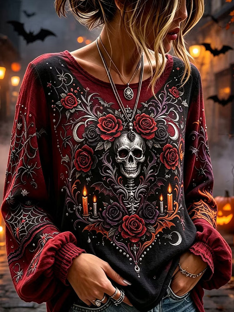 Women's Gothic Skull Rose Floral Cotton Linen Shirt