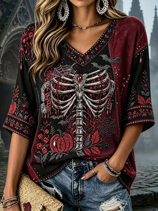 Women's Gothic Skull Rose Floral Cotton Linen Shirt