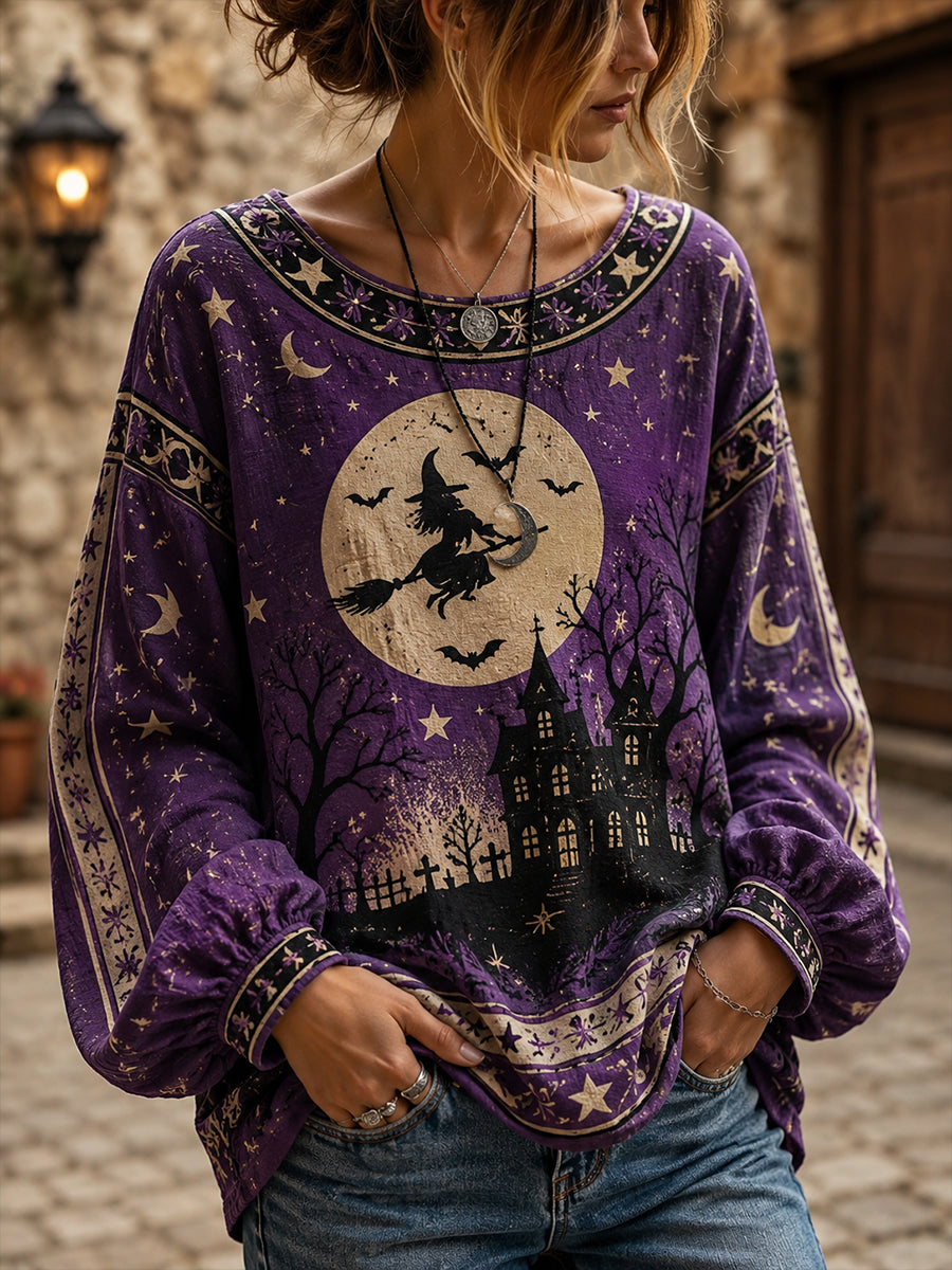 Women's Halloween-Themed Art Print Long-Sleeved Top