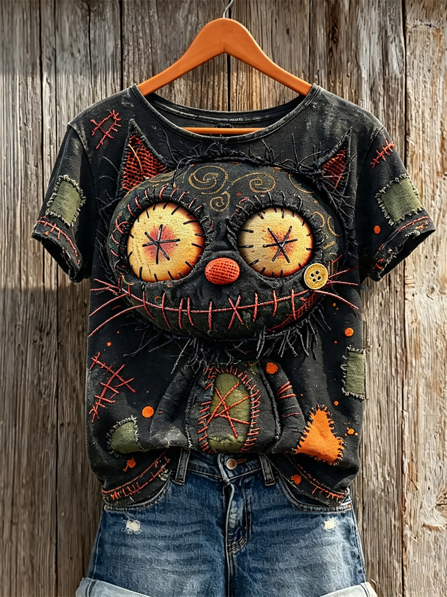 Women's Vintage Monster Black Cat Face Stitched Art Print short-sleeved T-shirt