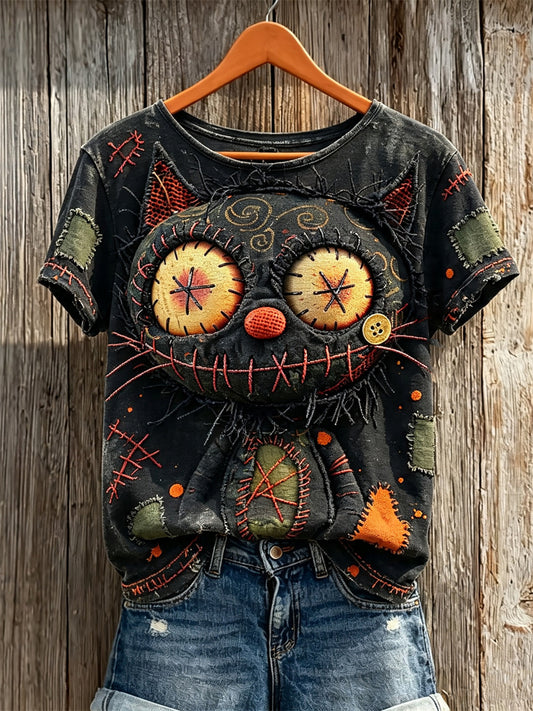 Women's Vintage Monster Black Cat Face Stitched Art Print short-sleeved T-shirt
