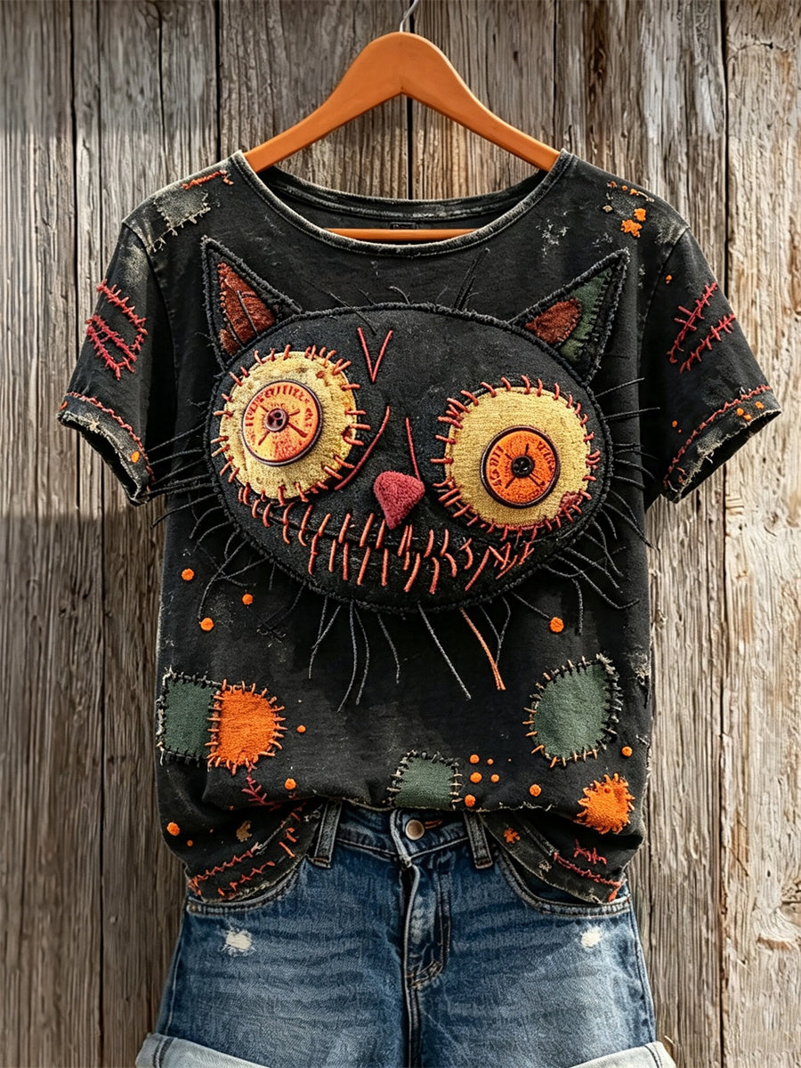 Women's Vintage Monster Black Cat Face Stitched Art Print short-sleeved T-shirt