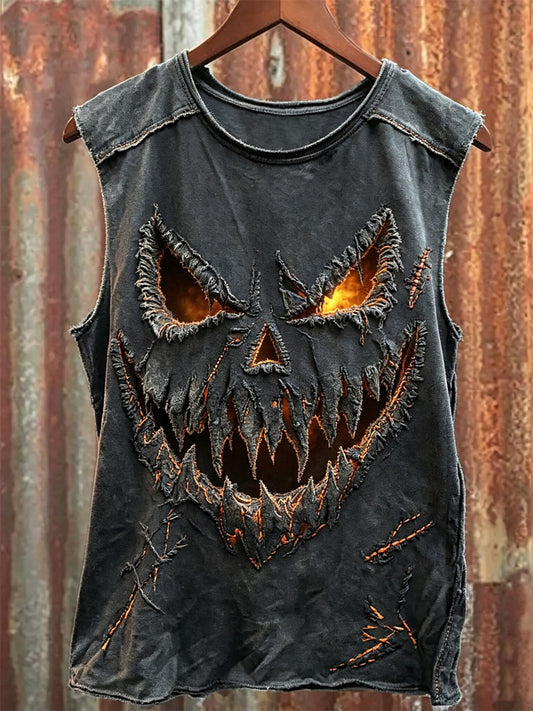 Men's Halloween Spooky Pumpkin Face Stitches Print Racket Vest