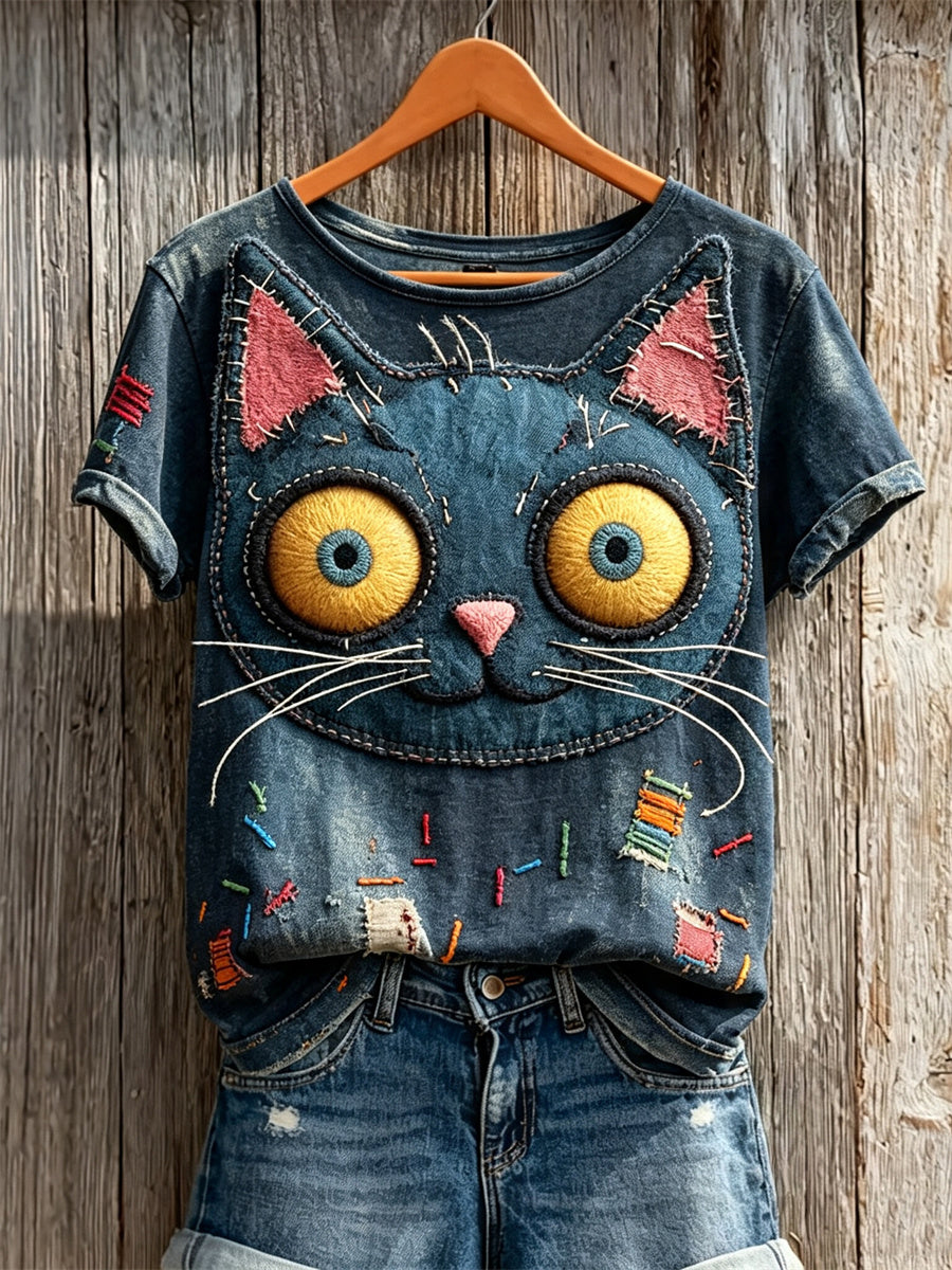 Women's Vintage Stitched Cat Monster Patchwork Art Print short-sleeved T-shirt