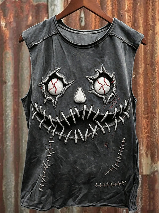 Men's Halloween Spooky Stitched Pumpkin Face Print Racket Vest
