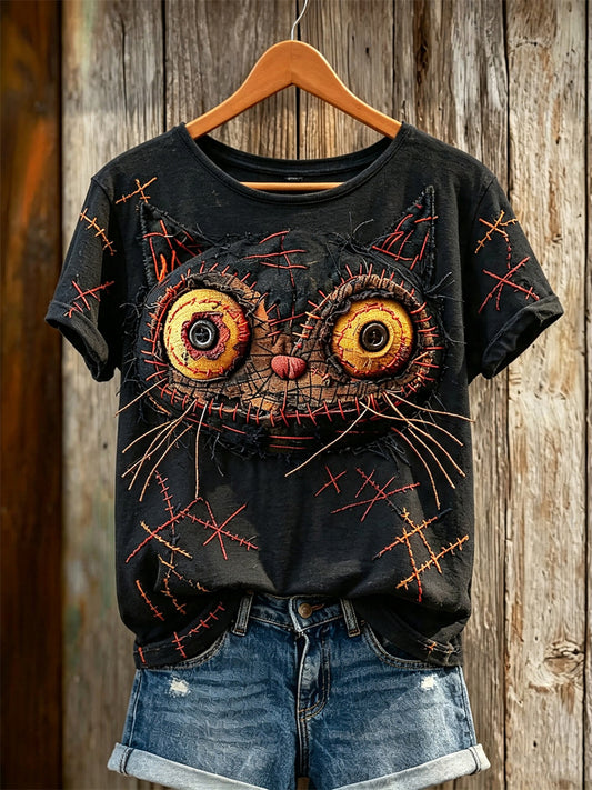 Women's Vintage Stitched Cat Monster Patchwork Art Print short-sleeved T-shirt
