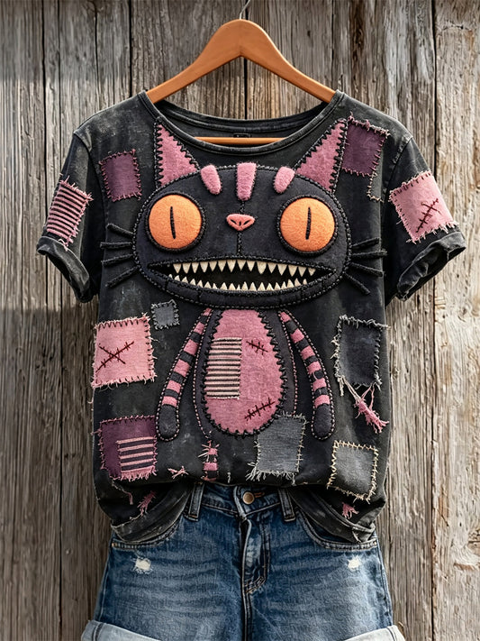 Women's Vintage Stitched Cat Monster Patchwork Art Print short-sleeved T-shirt
