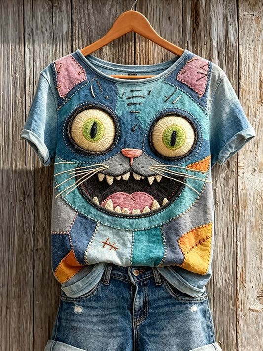Women's Vintage Stitched Cat Monster Patchwork Art Print short-sleeved T-shirt