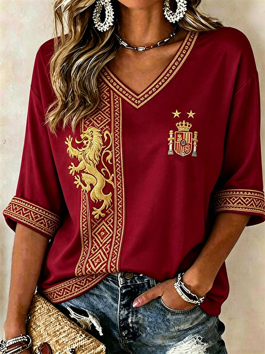 Women's Spain Champion Lion Ethnic Print Mid-length Sleeves V-Neck T-Shirt