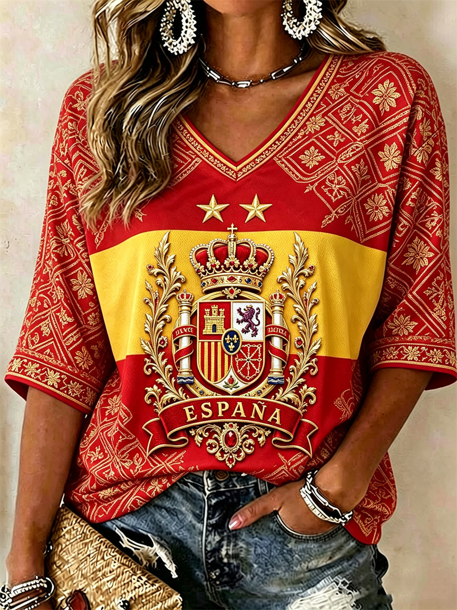 Women's Spain Champion Classy Ethnic Flag Print Mid-length Sleeves V-Neck T-Shirt