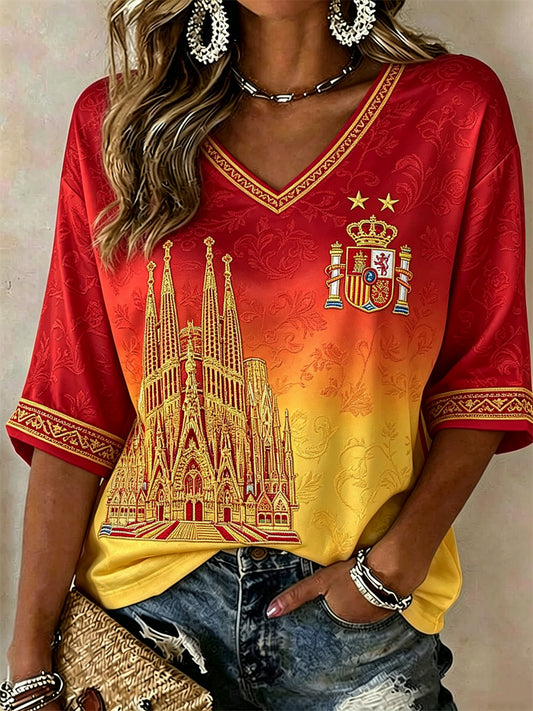 Women's Spain Champion Sagrada Família Print Gradient Mid-length Sleeves V-Neck T-Shirt