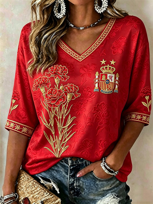 Women's Spain Champion Carnation Flowers Print Mid-length Sleeves V-Neck T-Shirt