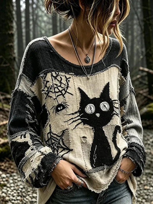Women's Gothic Cat-themed Cotton Linen Shirt