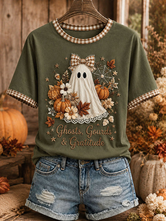 Women's Cute Ghost Plaid Patchwork T-Shirt
