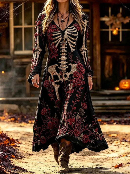 Women's Gothic Skull Rose Pattern Dress