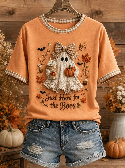 Women's Cute Ghost Plaid Patchwork T-Shirt