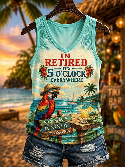Women's I'm Retired It's 5 O'clock Everywhere Parrot Print Casual V-Neck Vest
