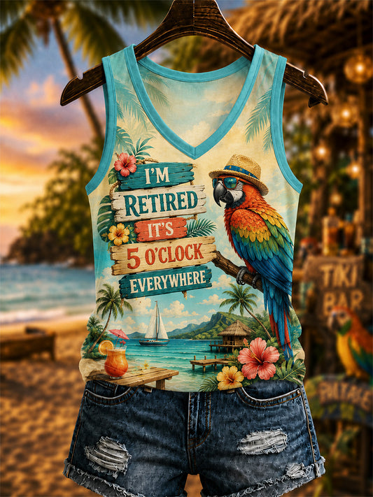 Women's I'm Retired It's 5 O'clock Everywhere Parrot Print Casual V-Neck Vest