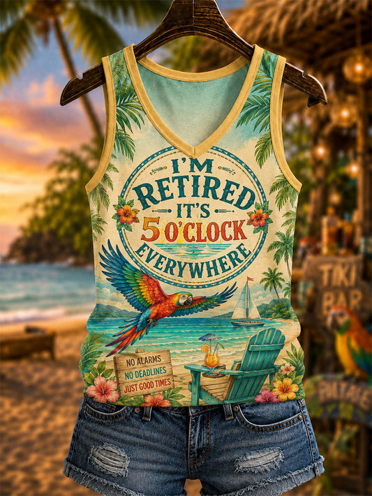 Women's I'm Retired It's 5 O'clock Everywhere Parrot Print Casual V-Neck Vest