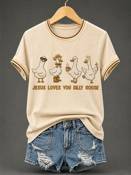Women's Jesus Loves You Silly Goose Print Casual Tee