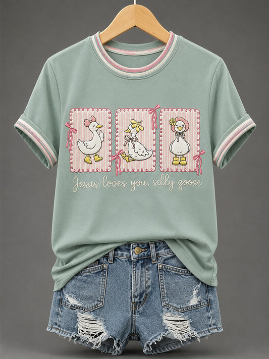 Women's Jesus Loves You Silly Goose Print Casual Tee