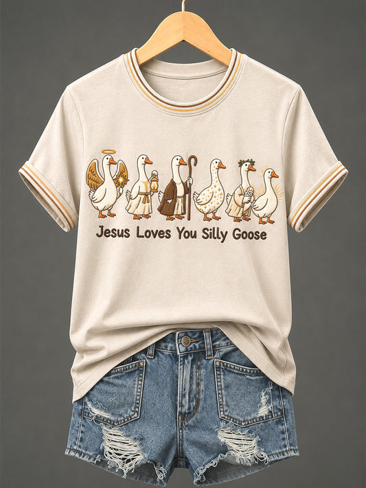 Women's Jesus Loves You Silly Goose Print Casual Tee