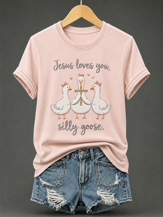 Women's Jesus Loves You Silly Goose Print Casual Tee