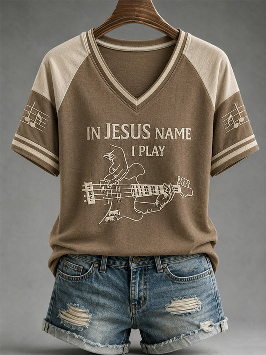 Women's In Jesus Name I Play Print Casual V-Neck Tee