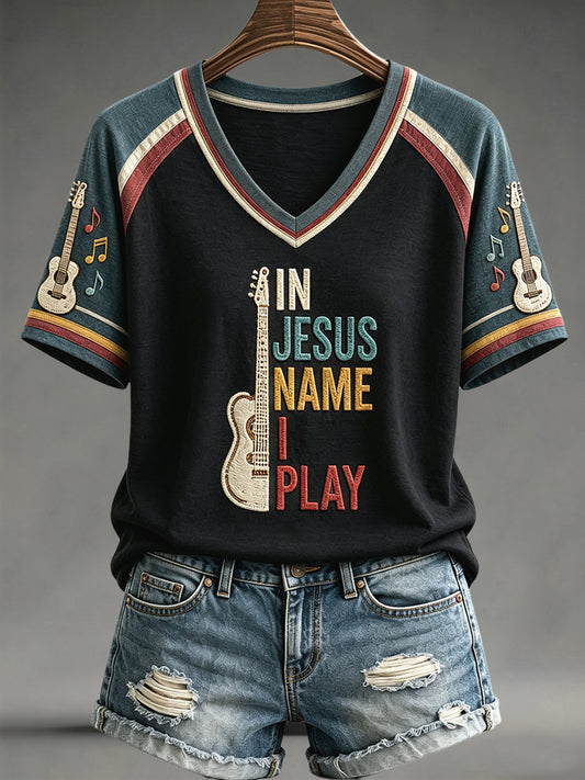 Women's In Jesus Name I Play Print Casual V-Neck Tee
