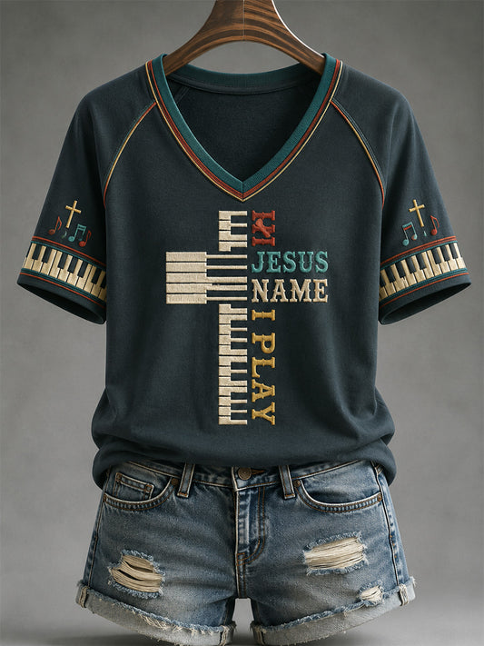 Women's In Jesus Name I Play Print Casual V-Neck Tee