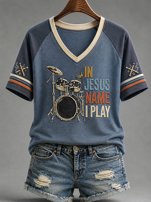 Women's In Jesus Name I Play Print Casual V-Neck Tee