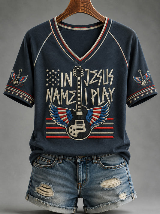 Women's In Jesus Name I Play Print Casual V-Neck Tee