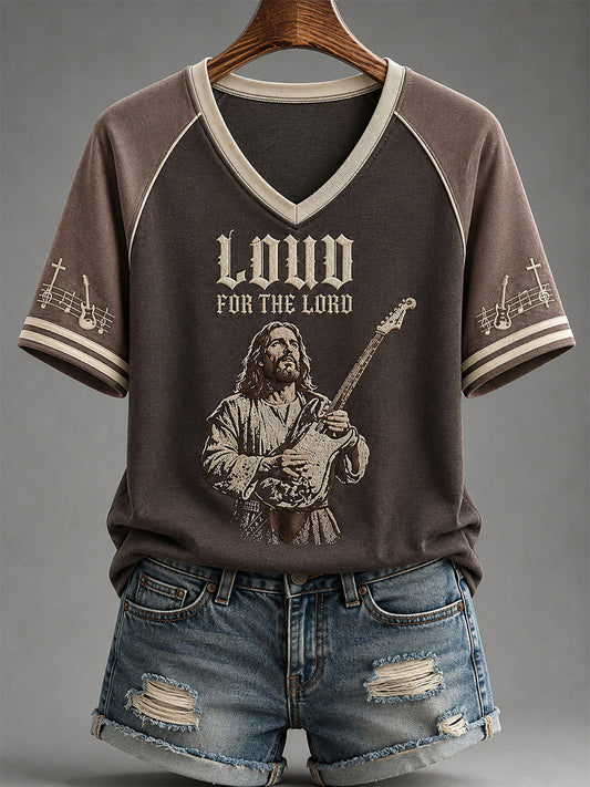 Women's In Jesus Name I Play Print Casual V-Neck Tee