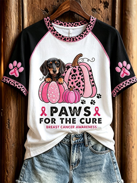 Women's Paws for the Cure Breast Cancer Awareness Dachshund & Pink Pumpkins Print short-sleeved T-shirt