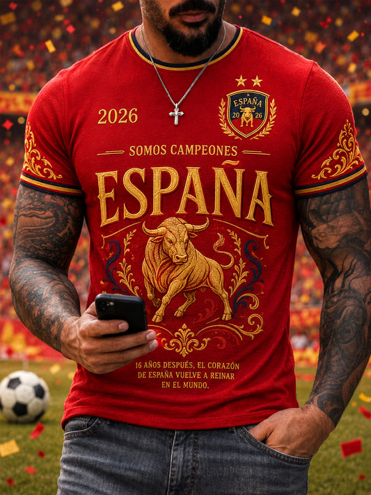 Men's We Are The Champions 2026 Print Celebrate España Champions Gift For Football Fans Casual Tee