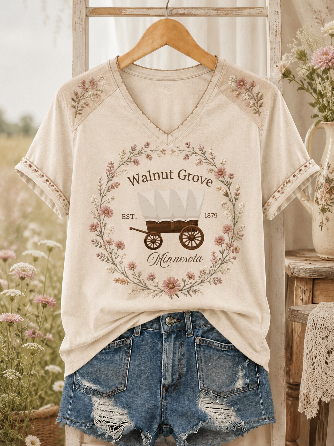 Women's Little House Printed V-neck T-shirt