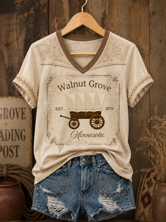 Women's Little House Printed V-neck T-shirt